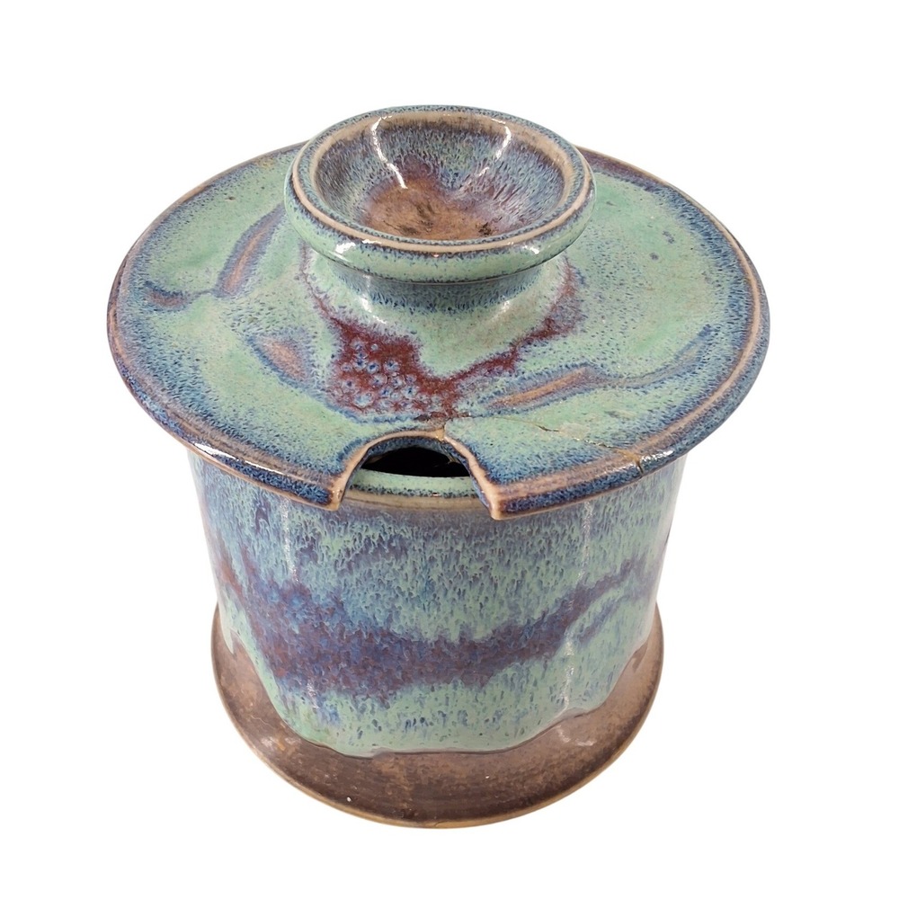 Vintage Studio Pottery Drip Glaze Lidded Sugar Jar Turquoise Purple